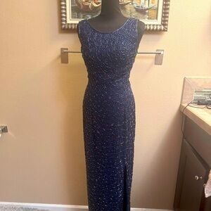 VINTAGE SILK CACHE Sequin 100% Silk Navy Blue Dress SM Formal Slit Floor Length